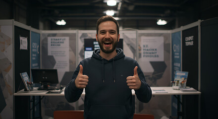 Enthusiastic professional man presents technology at a career fair booth stand