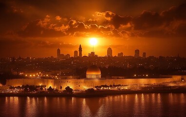 Fototapeta premium City skyline at sunset, golden dome prominent, water reflection