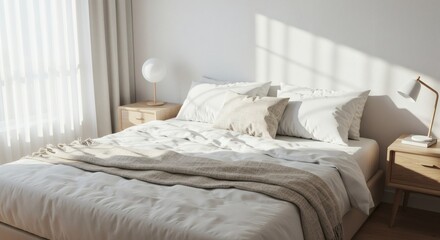 Serene Minimalist Bedroom Interior Sunlit Bed with Natural Linen Bedding and Throw
