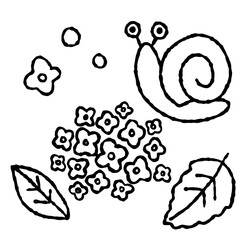 梅雨の手描きアイコン素材｜かたつむり・紫陽花のイラストセット	