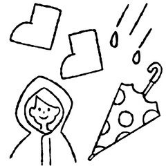 梅雨の手描きアイコン素材｜長靴・雨・レインコートのイラストセット	