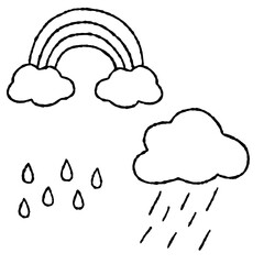 梅雨の手描きアイコン素材｜虹・雲雨のイラストセット	