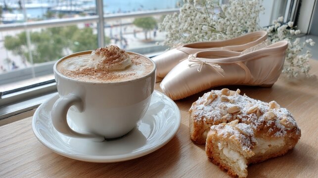 Ballet practice break: coffee, cream dessert, and pointe shoes by a window view