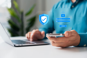 secure login and digital authentication. User accessing account via smartphone with virtual password and shield icons for cyber security and data protection on mobile and laptop.