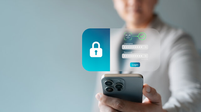 facial recognition security login, businessperson using smartphone with virtual password interface and face scan icon, biometric authentication, data security modern digital identity protection. - Powered by Adobe
