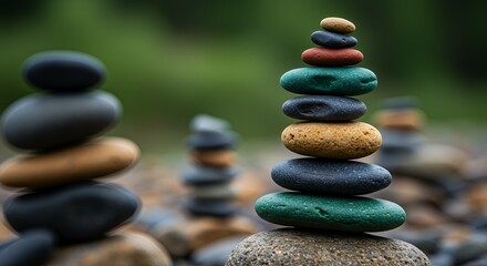 Serene Stack: Balanced Stones in a Tranquil Natural Setting