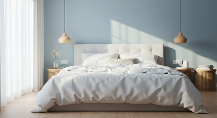 Serene Minimalist Bedroom Interior White Bed Blue Walls Natural Light Wooden Accents