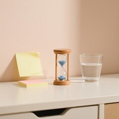 Minimalist Desk Setup with Wooden Hourglass, Glass of Water, and Sticky Notes on White Table
