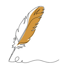 Continuous line drawing of writing quill feather pen. Minimalist black linear sketch isolated on white background. Hand drawn vector illustration.