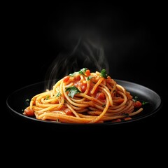 A plate of steaming spaghetti with tomato sauce