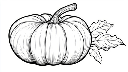 Pumpkin line art illustration with leaves in black and white.