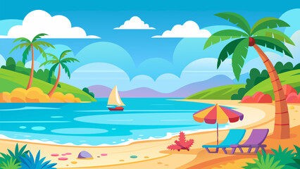 Serene Tropical Beach Landscape. Palm Trees. Ocean. and Sandy Shores