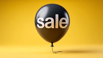 Obraz premium Black balloon with sale sign on bright yellow background