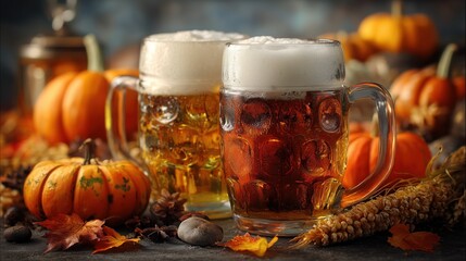 Two mugs of beer with frothy heads, surrounded by pumpkins composition. Octoberfest and Halloween holidays