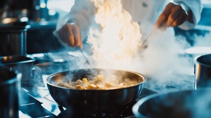 Chef stirring ingredients in a pan with flame. Steam surrounds the scene
