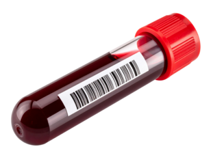 Tilted Blood Test Tube with Barcode Label and Air Bubble, isolated on transparent background
