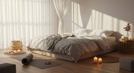 Serene Minimalist Bedroom Interior Sunlit Bed Yoga Mat and Candles