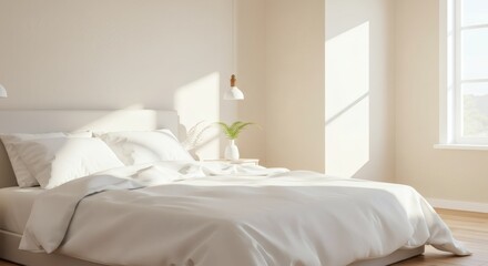 Serene Minimalist Bedroom Interior Sunlit White Bedding Modern Decor