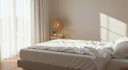 Serene Bedroom Interior Minimalist Bed White Linen Sunlight and Rattan Lamp