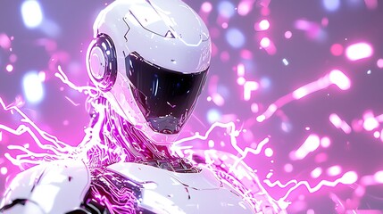 Futuristic White Robot with Pink Energy Sparks