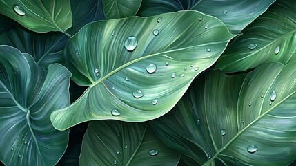Obraz premium Close-up view of lush tropical leaves with water droplets
