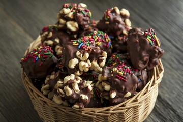 A photo of a basket filled with chocolate treats