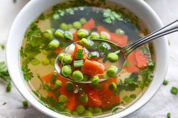 A photo of a bowl of clear soup containing various vegetables
