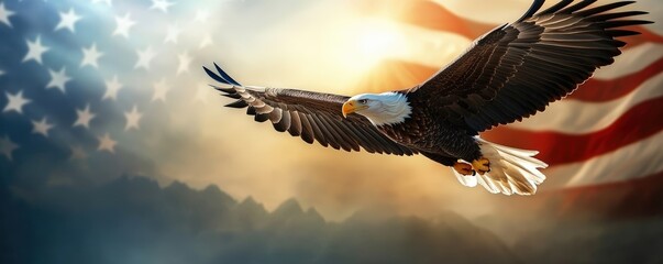 A majestic bald eagle soars with wings spread wide against a backdrop of the American flag and a dramatic sky over mountainous terrain.