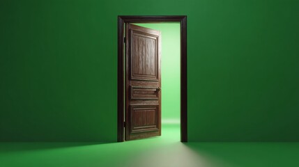 Open wooden door on green background inviting new possibilities