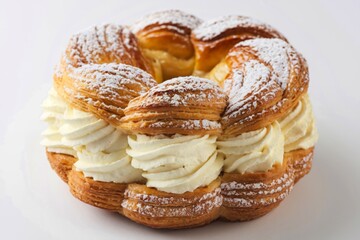A photo of a pastry filled with a creamy filling, dusted with powdered sugar.