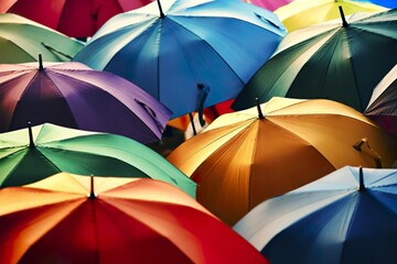 A vibrant, close-up photograph showcasing a dense collection of colorful umbrellas