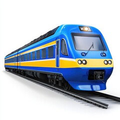 Fototapeta premium Blue and yellow passenger train on tracks