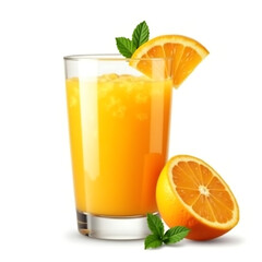 Glass of Pure Orange Juice with Half Orange and Green Mint