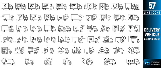 Electric truck delivery vehicle icon set featuring various shipping themes. Editable stroke. Vector illustration