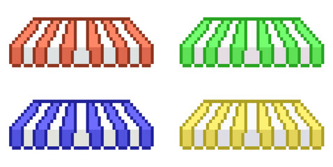 Pixel store canopy vector, featuring a retro, 8-bit aesthetic. Ideal for gaming shops, digital marketplaces, vintage storefronts, or adding a nostalgic touch to retail designs.