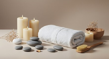 Serene Spa Setting Candles Towel Stones and Body Brush for Relaxation