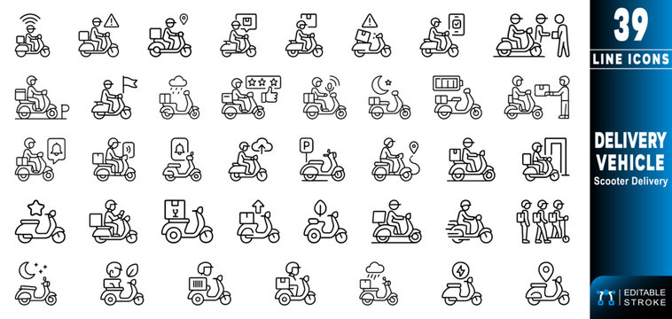 Line icons of scooter delivery vehicles representing various delivery activities. Editable stroke. Vector illustration