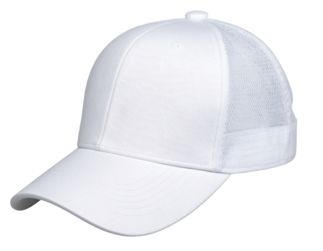 White Trucker Cap with Mesh Back and Curved Brim, isolated on transparent background