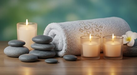 Serene Spa Setting Rolled Towel Candles and Smooth Grey Stones