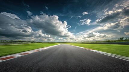 an empty race track with green grass and red-and-white curbs