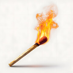 Burning matchstick with vibrant orange flame against a white background, showcasing the intense heat and bright light of the fire, a striking image perfect for design projects needing a fiery