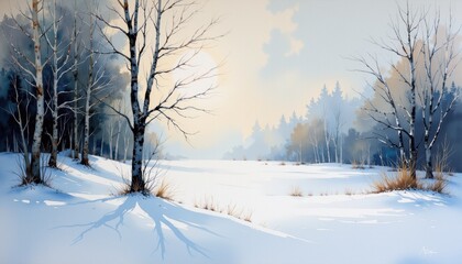 Obraz premium Snowy landscape painting, a serene winter wonderland captured on serene