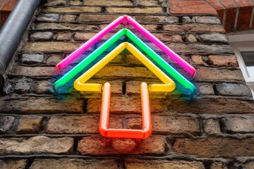Colorful neon arrow sign on brick wall