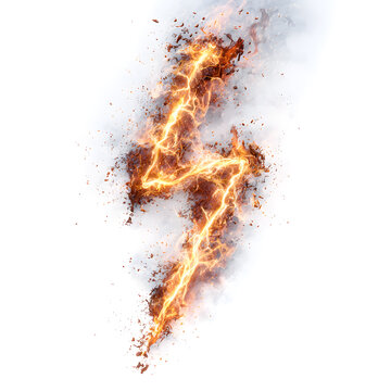 Fiery lightning bolt with glowing energy and scattered sparks on white background, ideal for power icons, explosive visuals, or high-impact abstract graphic designs.

