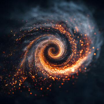 Fototapeta Glowing golden spiral with spark particles swirling through dark space, ideal for abstract cosmic designs, energy visuals, magic portals, or fantasy universe effects.  