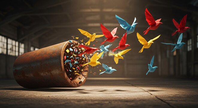 Origami Birds Exploding from Rusty Cylinder: A Symbol of Freedom and Innovation