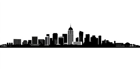 Horizontal black and white vector silhouette of San Diego city skyline against a plain background, monochrome, download