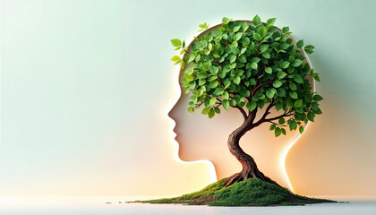 Tree of life growing inside a human head silhouette
