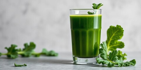Emerald green kale juice in clear glass, minimalist setting, chlorophyll, organic