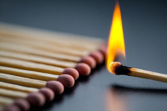 Close-up of lit matchstick with flame among unlit matches on dark surface